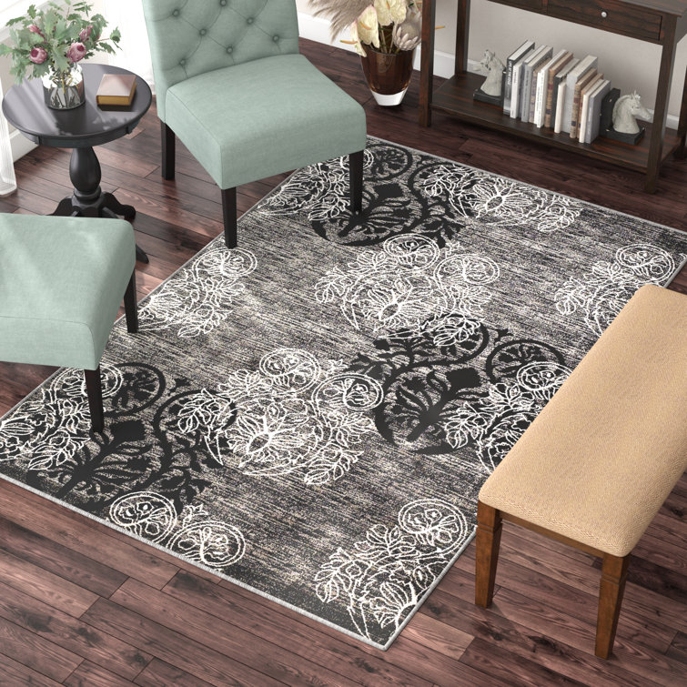 Charlton Home® Bloomington Floral Flatweave Gray/Black Area Rug